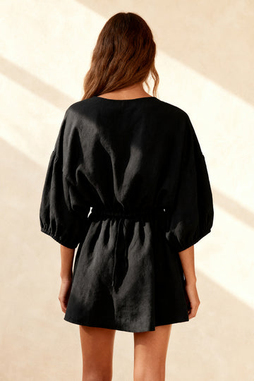 Round Neck 3/4 Sleeve Little Black Dress with Sash